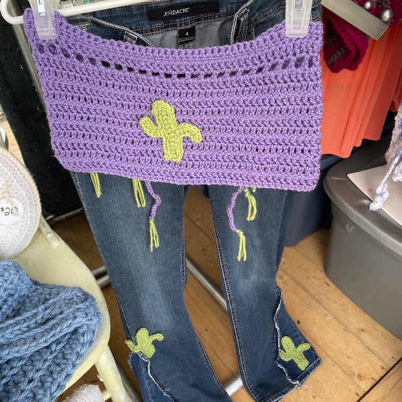 Upcycled bell bottom jeans & hand crocheted tube top. Cacti’s can be removed - Picture 7 of 8